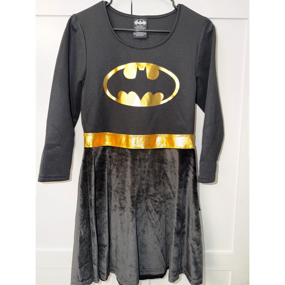 Batman Girls Dress Black Gold Logo Long Sleeve Velvet Skirt Large 10-12
